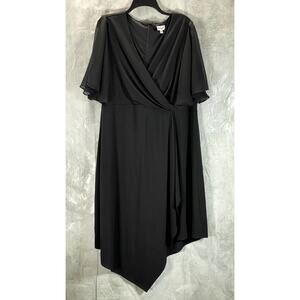 AVENUE Women's Plus Size Black Flutter Mesh Sleeve Faux-Wrap Dress SZ 18W